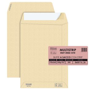 Busta a sacco Multi Strip - strip adesivo - 19 x 26 cm - 100 gr - carta riciclata FSC® - avana - Pigna Envelopes - conf. 500 pezzi - immagine 1