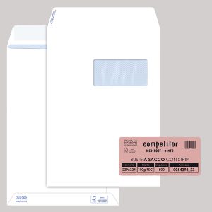 Busta a sacco Competitor FSC® - strip adesivo - con finestra - 23 x 33 cm - 100 gr - bianco - Pigna Envelopes - conf. 500 pezzi - immagine 1